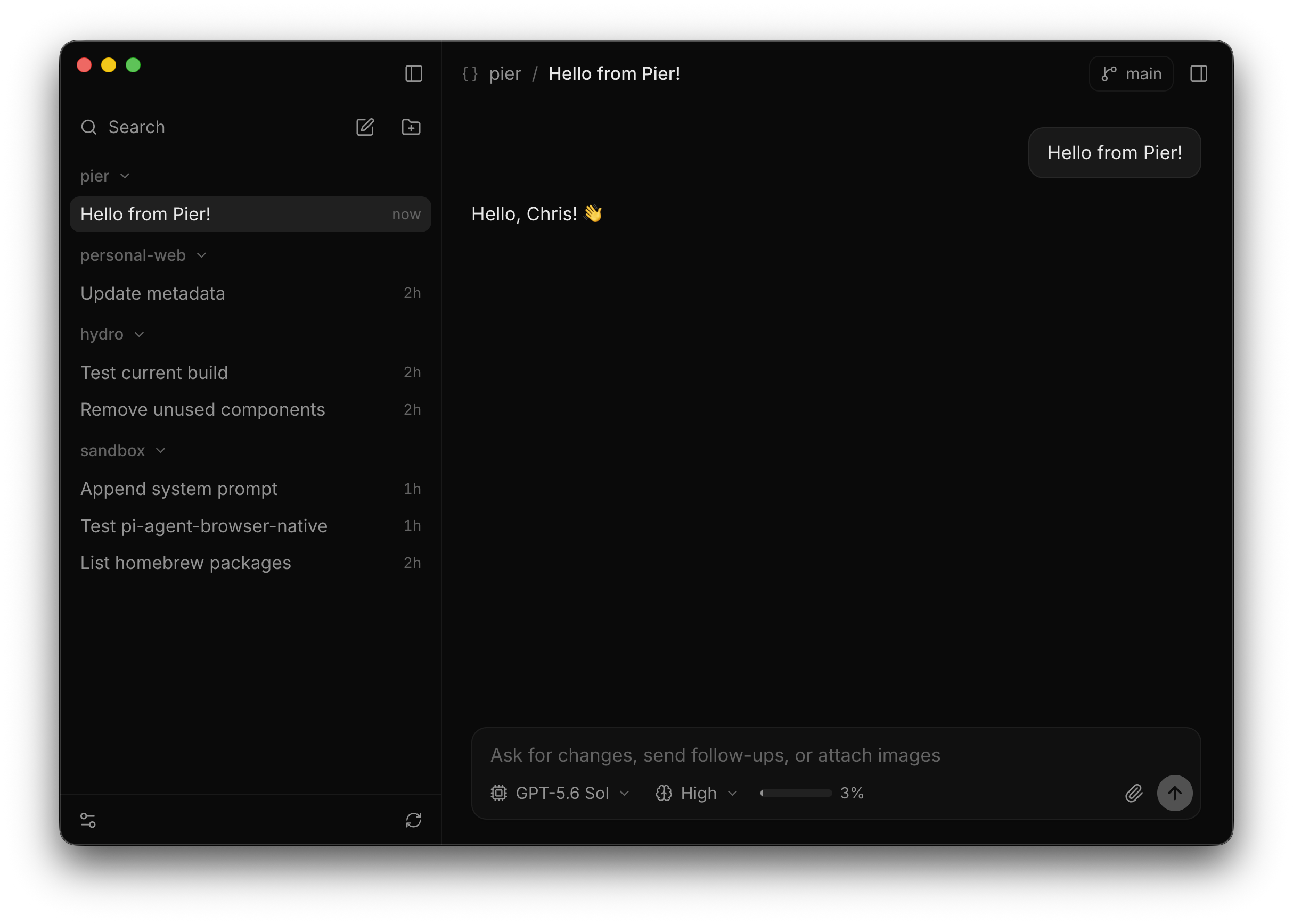 Pier showing a session transcript with the sidebar of projects and sessions